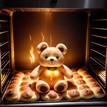 bun, teddy bear in an oven, cute, calm peaceful, glowing hot