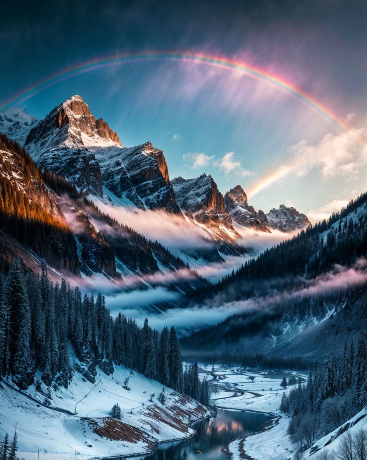 Majestic Mountain Range with a Rainbow Over the Valley