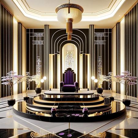 masterpiece, best quality, 4k, 8k, absurdres, rating_safe, RetroBG. A wide, cinematic view of a majestic fantasy throne room that fuses tranquil Japanese Zen architecture with the bold geometry of Art Deco design. Towering columns shaped like stylized golden humanoid figures evoke the calm posture of Bodhisattvas, but follow Art Deco symmetry and verticality. Curved pagoda-style rooflines float above, seamlessly woven into the chamber’s grand arc. Rice paper walls glow softly behind geometric latticework, diffusing ambient twilight in shifting hues of silver, violet, and indigo. Polished black stone floors reflect light from a vast concentric chandelier of golden rings and origami-like shapes that rotate in slow, meditative rhythm. Silk banners embroidered with calligraphic sigils and Deco motifs ripple in a serene, magical breeze. Scattered crystal bonsai trees hum with subtle enchantment. A low, lacquered throne—combining stepped Deco form with Japanese minimalist beauty—sits atop a raised platform of obsidian and moonstone. Ethereal instruments in carved niches play soft, bell-like tones, and mist drifts gently around the chamber’s edges. Cinematic, serene, mythical, elegant. The space breathes calm.