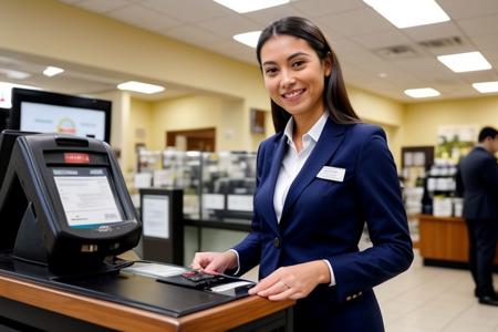 photo of a caucasic woman cashier who has a customer (man entrepreneur wearing suit) in front of her and is making an invoice. the customer smiles and there is no queue.