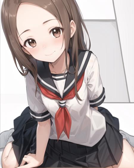 best quality,highly detailed,masterpiece,ultra-detailed,solo,(1girl),Delicate eyes,(white background:1.3),takagi-san,school_uniform, serafuku, skirt, sailor_collar,forehead, long_hair, black_sailor_collar, pleated_skirt, brown_eyes, blush, brown_hair, smile, short_sleeves, black_skirt,red_neckerchief, closed_mouth, bangs, looking_at_viewer, neckerchief, wariza, sitting,