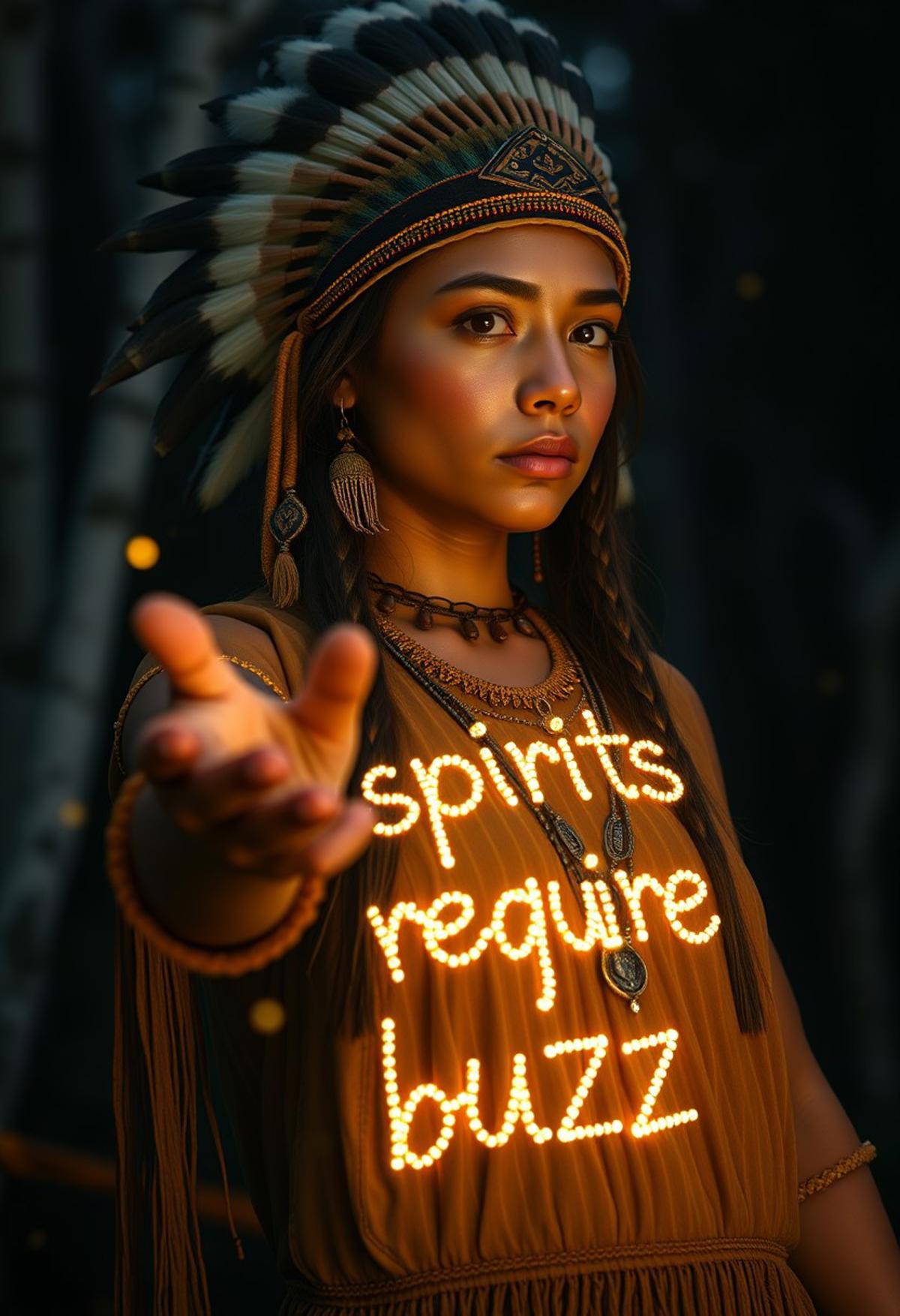 best quality, 4K,, 8k UHD, ultra-high resolution, ultra-high definition, highres, realistic, photorealistic, hyper realistic, highly intricate and detailed, absurd resolution BREAK, absurd res, 4K, a beautiful native american woman, focus on girl, slightly blurred background, (((fireflies, particles))), (fireflies lighting:1.4) (((dark forest at night, white trees))), trees cover background, trees cover sky,( Night, night time:1.5), <lora:more_details:0.5>, 1girl, Brown Skin, Shaman casting a spell,tan skin, wearing a brown deerskin dress, long brown braided hair, beaded necklace, ancient wooden headdress, brown rope bracelet, brown eyes, hand reaching forward, from the side, dark night, (magic signboard made of fireflies:1.6), (light only from fireflies:1.7) firefly light source,( Fireflies in front of the girl's hand spell out "The spirits require buzz":1.7) the girl is holding her hand out under the magic signboard made of fireflies