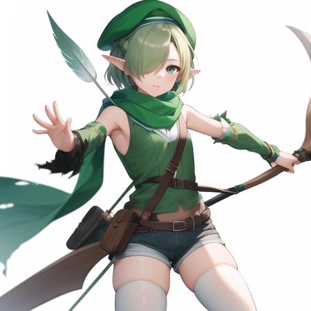 (masterpiece, best quality:1.2),illustration,8k,hd,1girl,green scarf,pointy ears,elf,hat feather,two-tone shirt,torn scarf,green shirt,detached sleeves,shirt,scarf,solo,holding,hair over one eye,green eyes,white shirt,hat,sleeveless shirt,green sleeves,short hair,green headwear,bow \(weapon\),sleeveless,holding bow \(weapon\),shorts,beret,green hair,thighhighs,weapon,white background,armpits,holding weapon,green thighhighs,simple background,striped thighhighs,looking at viewer,vertical-striped thighhighs,arrow \(projectile\),green shorts,small breasts,quiver,feathers,<lora:Futaba Aoi-V1:0.9>