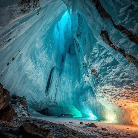 8k, source_photo, source_real, traditional media, real life photo, huge natural ice cave, lit from above, vivid ice patterns, bright colours in the ice, glowing runes on the wall, exposed rock formations cover the ground and walls, medieval, dungeons and dragons