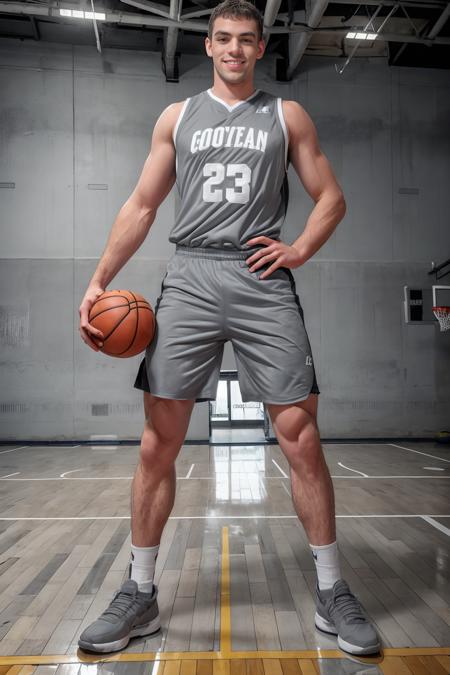 (basketball gym,) high ceiling, (hardwood floor), (basketball court), LoganRobbins, basketballplayer, basketball uniform, (gray jersey:1.4), (gray shorts:1.3), dynamic movement, ball, white socks, black sneakers, smiling, masterpiece, (((full body portrait))), full body shot, wide angle   <lora:LoganRobbins:0.75> <lora:Clothing - Sexy Basketball Player:0.30>