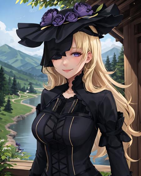 best quality, (masterpiece:1.2), illustration, absurdres,
(1girl), (solo), (beautiful detailed girl), (upper body, portrait),,
<lora:Lucrezia-08:0.8>, Lucrezia Isselee, blond hair, long hair, 
black and purple dress, gothic dress, black hat, gothic hat, veil, black lace, black thighhighs, purple high heels,
grassy mountains, trees, japanese architecture, river, plants,,
(looking at viewer, smile),