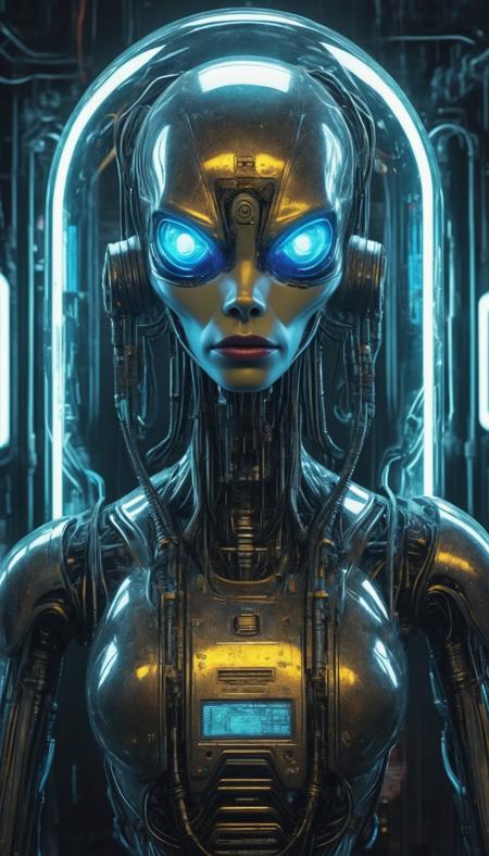 In the heart of a neon-soaked dystopian laboratory,  a cyberpunk android,  its face an eerily perfect recreation of Donald Duck's,  stands encased within a translucent tube. The eerie,  mirrored surfaces of the lab's alien machinery reflect the android's lifelike appearance. Futuristic alien hardware,  adorned with intricate circuitry and otherworldly glyphs,  hums with an otherworldly energy,  framing this uncanny fusion of human and machine.