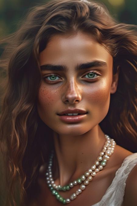 <lora:taylor_hill_xl_lora_30:1> taylor hill woman  Realistic 8K portrait: A young Smiling Freckles brunette, green eyes, wind-blown long hair, pearl necklace; dramatic lighting, cinematic colors; hyper-above