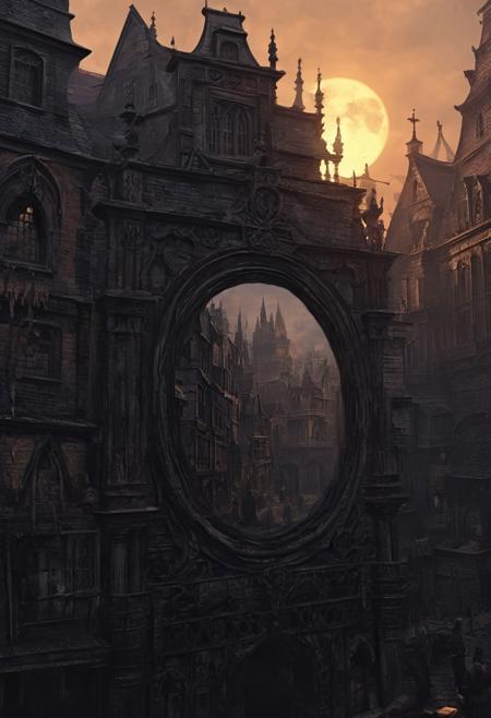 the city of Yharnam, the city of Yharnam is inside the small mirror, The small mirror is centered, bloodborne, The mirror is small, The mirror borders are plain, twilight, Don't be real, oil painting, done with japanese brush technique, realistic, extreme detail, scary, terrifying, dark and warm environment, 8k, looking at viewer, looming, Comic style
<lora:add-detail-xl:1> <lora:xl_more_art-full_v1:0.5>  <lora:looking_at_viewer:2>