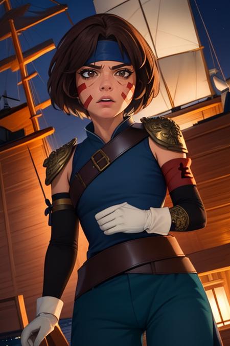 Smellerbee, petite,, short brown hair, red facial mark, brown eyes , eyeliner, 
SmelAtt, dark blue headband, (white gloves), leather chest plate, single shoulder pad, red armband , pants, boots, blue pelvic sash nighttime,
large wooden boat, sea,
(insanely detailed, beautiful detailed face, masterpiece, best quality)  <lora:Smellerbee-10 v3:0.8>