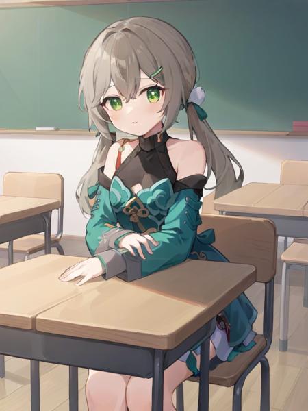 <lora:xl_qingque girl2:1>,qingque girl,grey hair,green eyes,Special clothing,twintails,Sitting on a table in the classroom