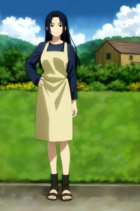 1girl, solo, long hair, black hair, apron, full body, standing, long sleeves, looking at viewer, shirt,sidelocks, toeless footwear, sandals, black eyes, breasts, smile, <lora:Mikoto:1> <lora:animemix_v3_offset:0.7>,outdoors, village, cloud,sun,