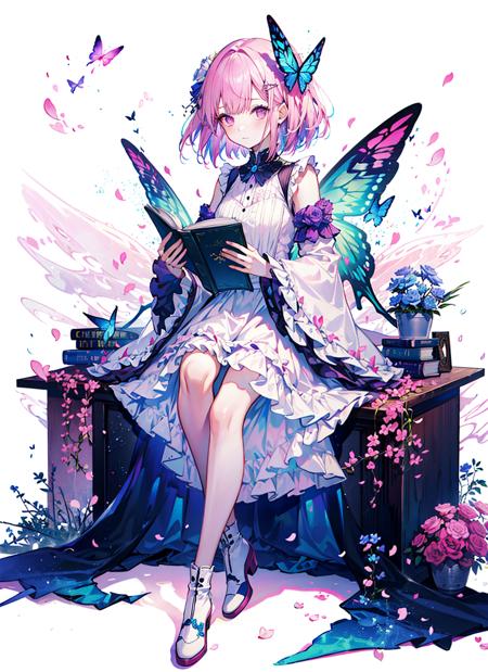 parameters

(pink theme),1girl, solo, flower, pink hair, long hair, wings, white background, pink flower, hair ornament, book, pink eyes, sitting, hair flower, dress, frills, simple background, white footwear, looking at viewer, bangs, petals, wide sleeves, full body, blue flower, holding, boots, long sleeves, closed mouth, very long hair, open book, wrist cuffs, white dress, holding book, butterfly wings, rose, pink rose, blush, purple flower, frilled dress, fairy wings, frilled sleeves,