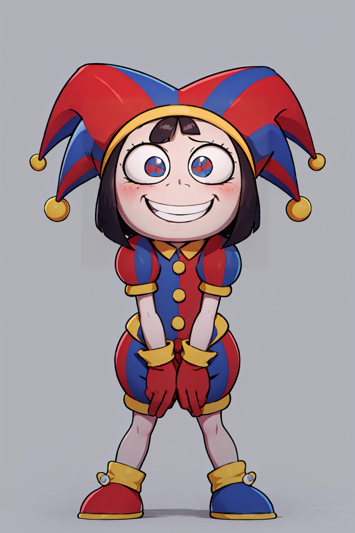 A cartoon character wearing a red, blue, and yellow jester outfit with a smiling face.