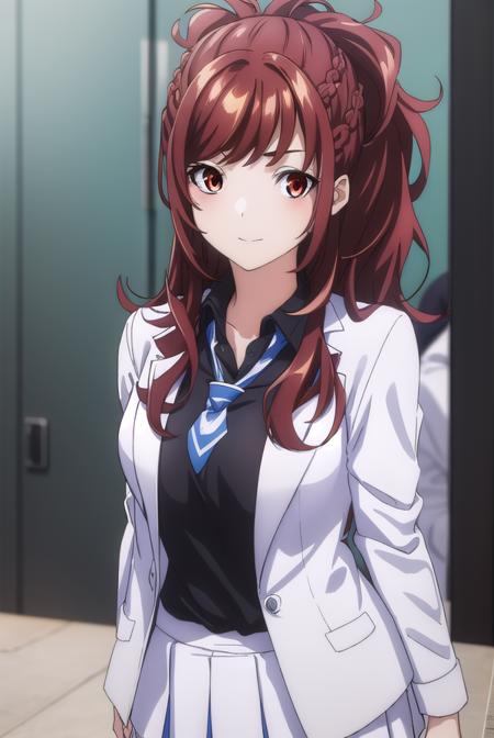 kaedekazama, <lora:kaede kazama s1-lora-nochekaiser:1>,
kaede kazama, long hair, bangs, (red eyes:1.3), ponytail, braid, sidelocks, red hair, smile,
BREAK skirt, shirt, long sleeves, school uniform, jacket, necktie, collared shirt, uniform, (black shirt:1.5), (white jacket:1.5), blue necktie,
BREAK indoors, classroom,
BREAK looking at viewer, (cowboy shot:1.5),
BREAK <lyco:GoodHands-beta2:1>, (masterpiece:1.2), best quality, high resolution, unity 8k wallpaper, (illustration:0.8), (beautiful detailed eyes:1.6), extremely detailed face, perfect lighting, extremely detailed CG, (perfect hands, perfect anatomy),