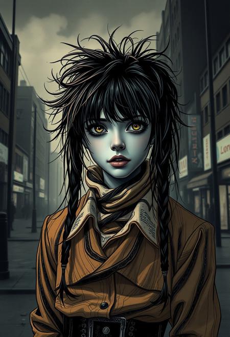 A character drawn in bold black ink,  historical photographic technique, innocence and longing, desolate urban landscape, dark, chaos and vibrancy, high-fashion attire, expressive portraiture, sculptural reimagining, very detailed, dramatic lighting