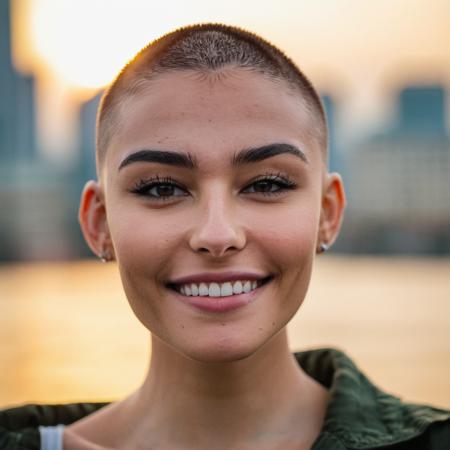 (Skin Texture, pores, natural,iPhone,RAW)), mabeer, natural lighting, Highest Quality closeup Portrait photo of a woman wearing no makeup with a buzzcut, Nikon Z9, realistic matte skin,  blurry city in the background, 8K,    <lora:mabeer_xl_1_standard_merger_19_29_48_98_03_03_02_02:1>, smiling