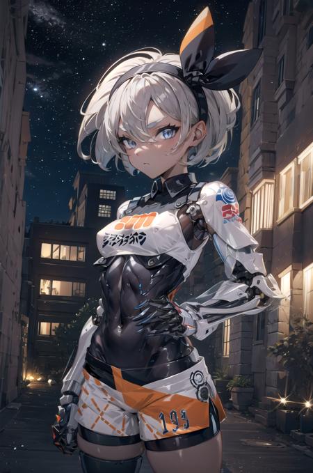 (masterpiece,best quality, detailed), 1girl, solo, cowboy shot, outdoors, night, cityscape, starry sky, detailed eyes, closed mouth, <lora:A-Mecha-REN:1.2>, (mecha musume, mechanical parts, robot joints), w arms, clenched hands, facing forward, looking at viewer, bea \(pokemon\), bow hairband, black bodysuit, print shirt, print shorts, bodysuit under clothes, <lora:SaitouV1-000013:1>