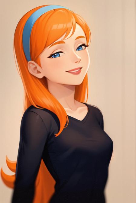 <lora:jasmine_fenton:0.6>, jasmine fenton, masterpiece, best quality, 1girl, solo, orange hair, long hair, smile, blue eyes, hairband, looking up, upper body, black shirt, long sleeves,