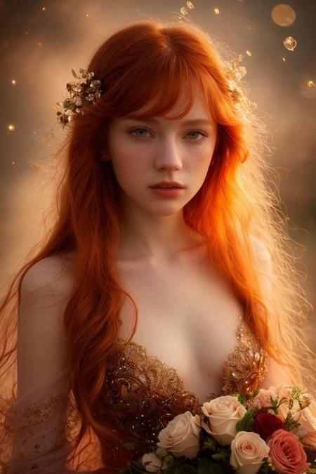 a lonely beautiful red head woman, White clouds, rose made of amber, atmospheric, sparkly, incredible, dreamy, magical, backlit, award winning, intricate details, ultra details, realistic, professional, photographic quality, highly detailed, super sharp, close up, fantastical, enchanting, storybook style, golden hour light . Surreal, ethereal, dreamy, mysterious, fantasy, highly detailed