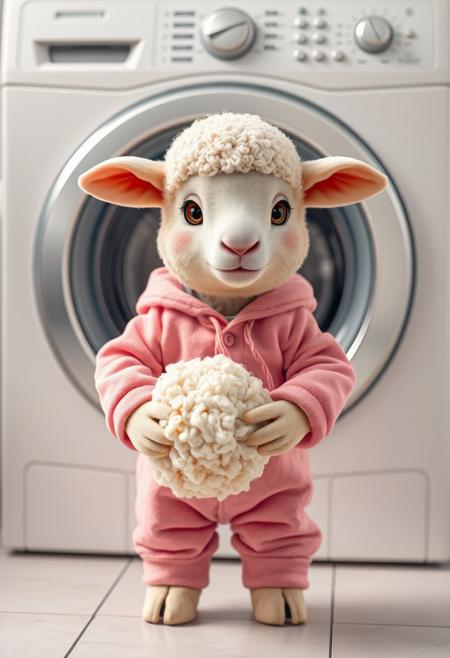 In a hyper-realistic image, an adorable little sheep wearing a pink onesie stands in front of a washing machine, holding its own wool in its front legs as if it's a complete outfit. The sheep's skin is rendered in exquisite detail, with delicate folds and creases that suggest a soft, gentle texture. The wool, which is normally a fluffy coat on the sheep's body, is instead held in a neat, compact bundle, with every strand perfectly aligned and groomed. The sheep's eyes are bright and curious, as if it's excited to wash its wool and make it clean and fresh. The washing machine behind the sheep is rendered in precise detail, with intricate buttons and dials that seem to be waiting for the sheep to start the cycle. The surrounding environment is a clean and tidy laundry room, with soft, pastel colors and a sense of domestic tranquility. The overall effect is one of charming, whimsical humor, as if the sheep is a fastidious and fashion-conscious creature that's determined to keep its wool clean and stylish. Highest-Quality, 4k, intricate details, visually stunning, Masterpiece