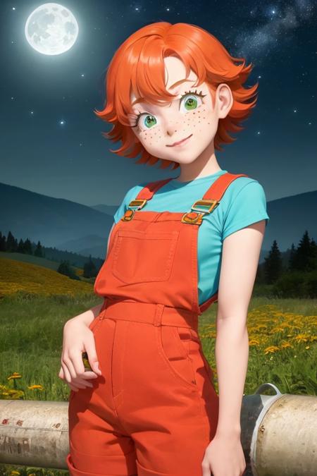 1girl, sxfrances, short hair, orange hair, green eyes, freckles, smile, red overalls, blue shirt, roll up sleeve, mountain, moon, (night:1.5), looking at viewer <lora:frances-v2:0.6>