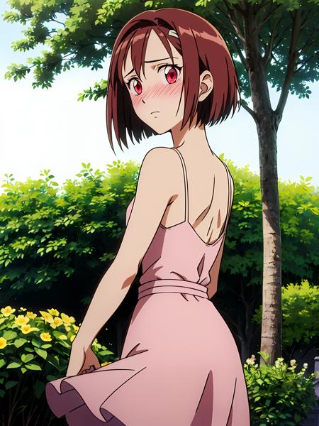 (exceptional, best aesthetic, new, newest, best quality, masterpiece, extremely detailed), 1girl, solo, miyazawayukino, from_behind, looking_back, full-face_blush, embarrassed, sundress, garden