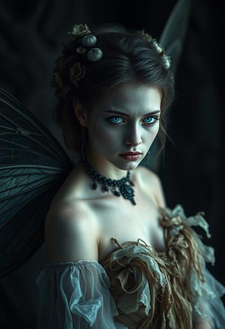 An evocative dark fantasy photography. The central figure is a once-elegant forest fairy, now corrupted by sinister forces. She has buterfly wings like attributes, a pale complexion, glowing blue eyes. Her once-lush attire is now tattered and overgrown with the transparency  that she once represented. The background is dark and foreboding, reflecting the fairy's lost beauty and anger. The overall atmosphere is cinematic and conceptual, immersing the viewer in a world of dark fantasy., cinematic, dark fantasy