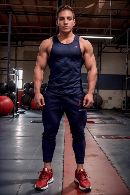 warehouse style gym, DylanRoberts, sexytrainer, red tank top, dark blue sweatpants, sneakers, (looking at viewer), masterpiece, (((full body portrait))), wide angle,   <lora:Clothing - Sexy Personal Trainer:0.7>  <lora:DylanRoberts:0.8>