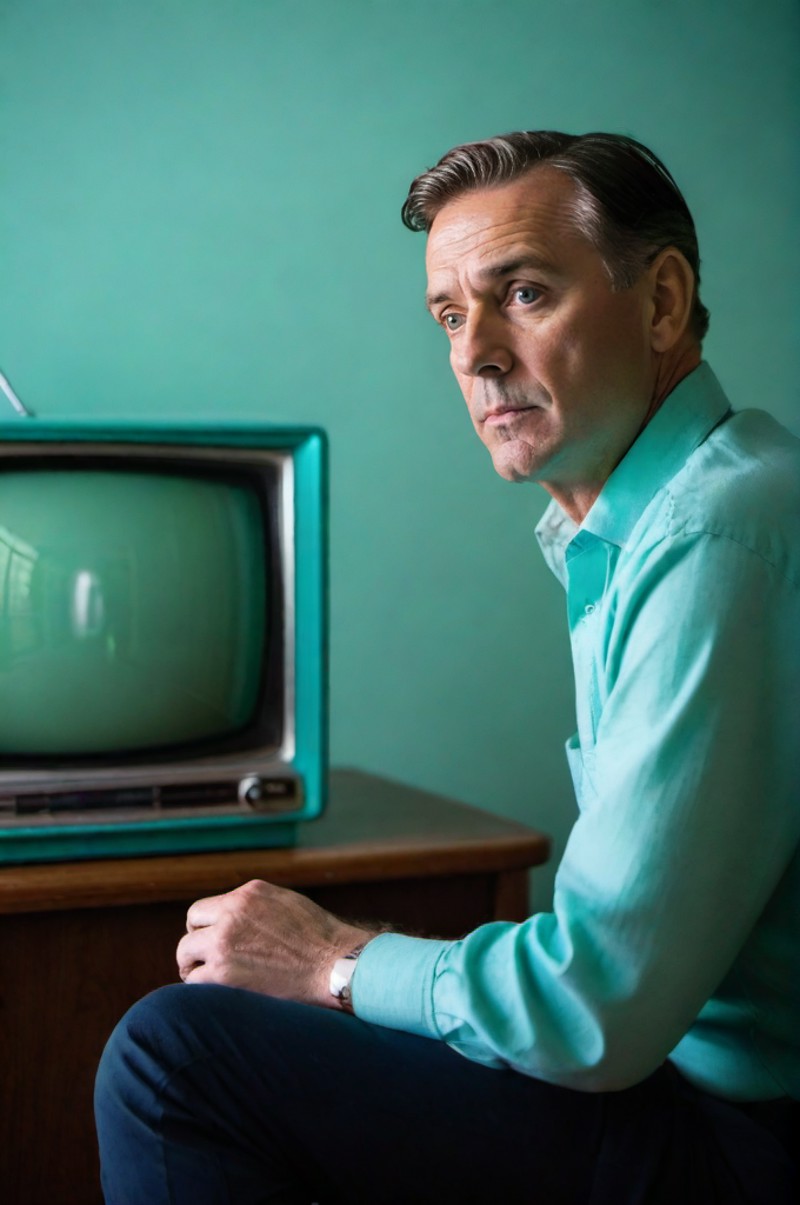A photo capturing a (man transfixed by television:1.1), (vintage TV set:1.2), intense (expression connection:1.3), teal am...