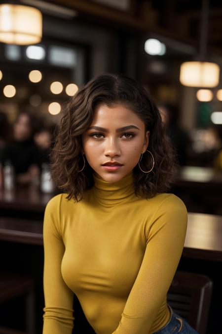 photo of extremely sexy (zend4y4-160:0.99), a woman as a sexy student, short curly hair, closeup portrait, (yellow tight long sleeve turtleneck top), at a cantina sitting bar (masterpiece:1.5) (photorealistic:1.1) (bokeh) (best quality) (detailed skin texture pores hairs:1.1) (intricate) (8k) (HDR) (wallpaper) (cinematic lighting) (sharp focus), (eyeliner), (painted lips:1.2), (earrings)