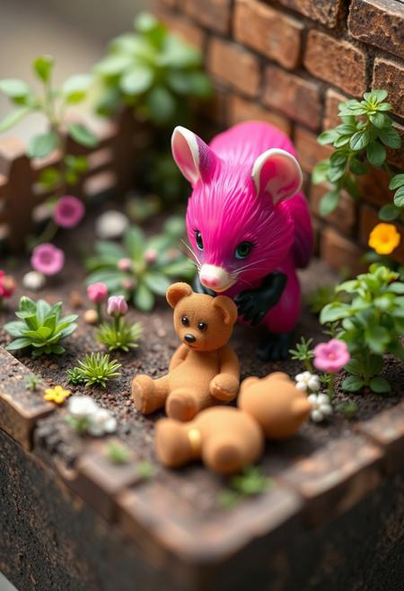 a cute pink tasmanian devil is gardening. tasmanian devil is a plastic 3d model inside a cross section model diorama of a garden, the camera is pointed down at a 45 degree angle. The tasmanian devil model is shocked to find a teddy bear , highly expressive reactions.
