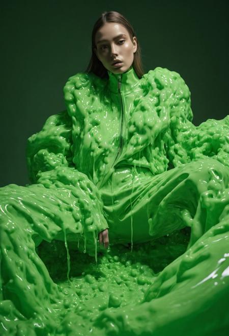 wide angle photograph for fashion editorial, dramatic composition, green monochrome lighting, healthy body shape model wearing fashion made of slime