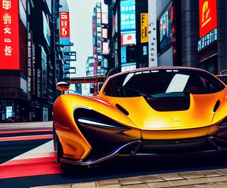 a hover car, racer, made in Japan, flying, sleek, by Ferrari, by McLaren, in Ginza Tokyo, cyberpunk, futuristic, neon, golden hour, dynamic lighting, hdr