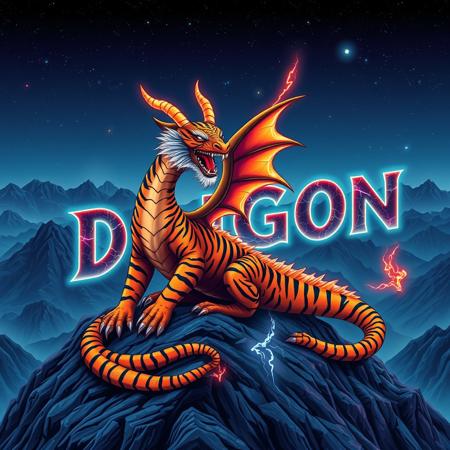 A tiger-striped dragon sitting on a mountain-top. Orange and black stripes.  Two horns.  Dragon Wings. Roaring.  Breathing fire.
Background mountains at night. Cosmic skyscape.  Synthwave colorscheme. Very realistic, fantasy illustration.
with the phrase "Dragon" emblazoned in 3D, intricate, lightning patterns, with a predominantly neon colors,