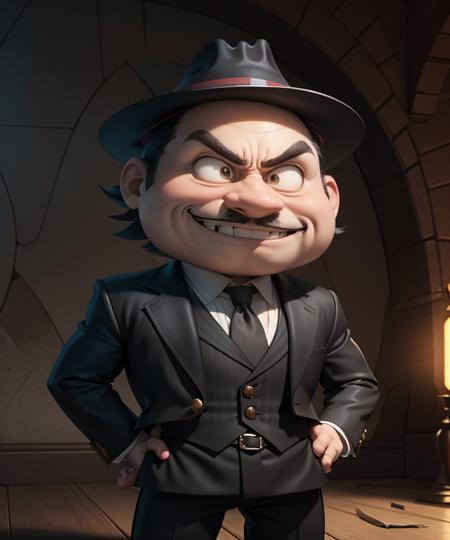 BorisBadenov,  1boy, male_focus, short_male, chibi, pale_skin, evil_grin, black hair, big_nose, tiny_mustache, pointy_mustache, stocky, evil_smile, fedora, hat, necktie, suit, turned-up_collar,  own_hands_together