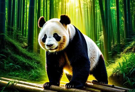 Surreal, Radiating light, glowing panda formed from beams of natural light, leaving trails as it moves. Light bursting and making up picture. Made of shining light. Magical light A landscape made up of luminous shapes, with trees and hills crafted from glowing lines. An abstract piece where light creates an otherworldly city., stunning, spectaular