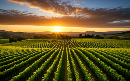 wide shot,Gisborne's lush vineyard at sunrise, golden rays illuminating rows of grapevines. Dew glistens on the leaves, while distant hills create a picturesque backdrop. The sky transitions from deep blue to soft orange hues, capturing the tranquility of a new day,, sweeping landscapes, unique perspectives, epic scale, revealing hidden beauty, showcasing vastness, immersive experience, precise compositions, expert piloting, dynamic angles, cinematic storytelling, showcasing natural wonders, aerial exploration