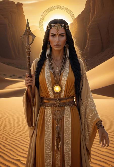 An ultra-realistic, full-body portrait of a mesmerizing desert prophetess woman, radiating ancient wisdom with a warm and luminous palette. She wears a long, flowing robe in a combination of sun-baked ochre and shimmering gold, with subtle white and natural accents, creating a grounding and enlightening contrast. The robe features intricate woven patterns and light-emitting fibers, designed with a sense of desert survival and spiritual enlightenment. Her photorealistic face exudes timeless beauty, with striking features and eyes that seem to reflect the wisdom of the ages. Her long, braided black hair is styled with intricate beads and bone charms, framing her face in an enchanting halo. Ethereal tattoos in glowing gold patterns flow along her arms and face, adding a mystical flair. She holds a staff, now radiating a warm, golden light, reflecting the sunlit, desert landscape. The background is a vast and radiant mix of golden sand dunes and towering rock formations in hues of deep tan, warm sienna, and bright yellow, emphasizing her rooted and powerful presence. Soft, diffused lighting casts long shadows and bold, golden highlights, accentuating the strong lines of her upright pose. The image combines advanced digital artistry techniques, including texture mapping and ambient occlusion, with mixed-media digital painting.