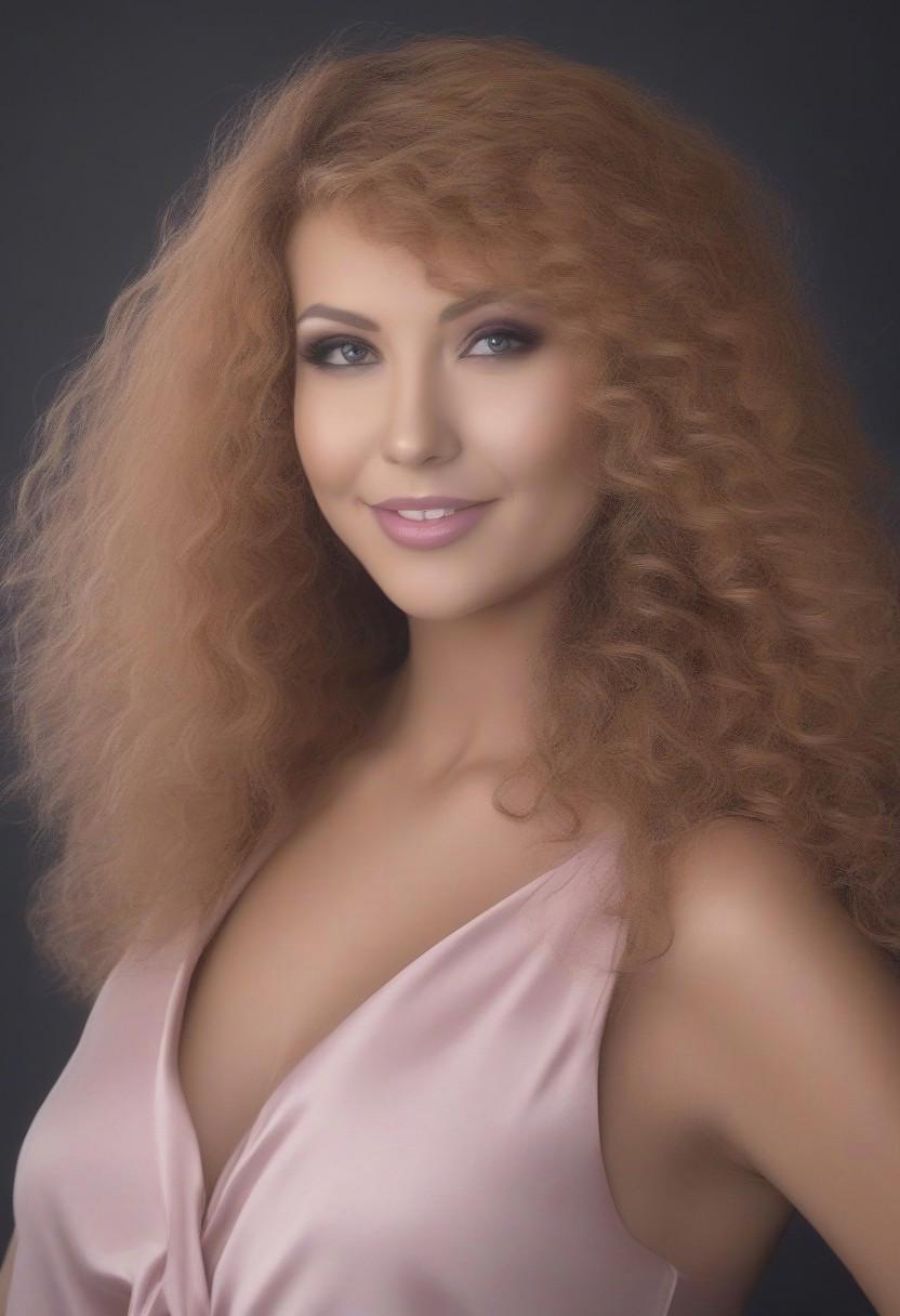 a cute  20 yrs girl , happy, sparkling azure eyes, rufous long curly hair, silk skin texture, skin grain, vivid colors ,looking at camera, Sardax, femdom, female in charge of male