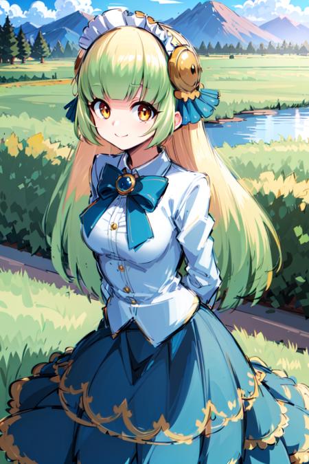 yue zi,1girl,solo,skirt,smile,outdoors,white shirt,bow,long sleeves,green skirt,blunt bangs,bowtie,closed mouth,green bow,pleated skirt,green bowtie,collared shirt,cowboy shot,frilled hairband,