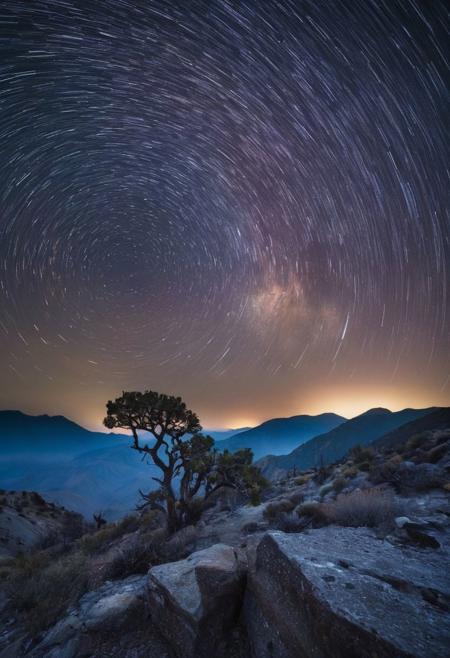 啎䥃佄䔀Capture the enchanting beauty of the transition from day to night, known as the blue hour, over a serene landscape with star trails in the style of Michael Shainblum, using a Pentax K-1 Mark II camera with a Pentax D FA 24-70mm f/2.8 ED SDM WR lens. Position yourself to take advantage of the soft, diffused light of the twilight sky as it illuminates the landscape, casting long shadows and creating depth in your image. Experiment with different focal lengths to find the perfect composition, and use a tripod for stability during long exposures. Focus on the interplay of light and shadow, highlighting the rich textures and colors of the landscape under the twilight sky and star trails. Utilize the cool tones of the blue hour to create a moody and atmospheric quality in your image. Post-process your image using techniques such as selective color grading and contrast adjustments to enhance the mood and atmosphere of the scene, creating a captivating and enigmatic photograph that embodies the essence of twilight transcendence with star trails in the style of Michael Shainblum.