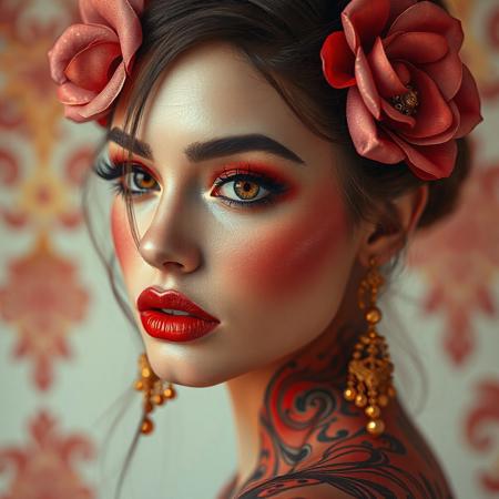 A beautiful woman in red and gold, in the style of tattoo — inspired, kawaii aesthetic, kelly sue deconnick, light pink and dark amber, distinctive noses, tanya shatseva, uhd image