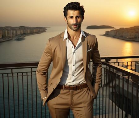 Nautical-themed (Photo:1.3) of (Ultrarealistic:1.3) <lora:Man_Men_FFashion:1> patrick dempsey a man <lora:sidhant-gupta_patrick-dempsey:1> in a tan suit standing on a balcony, sun behind him, inspired by Pablo Munoz Gomez, shot at golden hour, editorial photograph, midshot of a hunky, by Roman Bezpalkiv, by Artur Tarnowski, maxim sukharev, by Gabor Szikszai,Highly Detailed,(Mono Color:1.3) . Sea, ocean, ships, maritime, beach, marine life, highly detailed