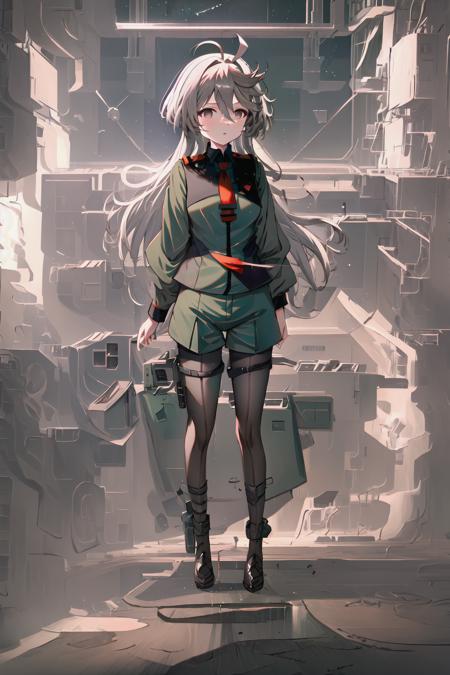 miorine, 1girl, miorine rembran, asticassia school uniform, solo, long hair, grey eyes, grey hair, ahoge, seamed legwear, green shorts, necktie, bangs,black pantyhose, long sleeves, green jacket,  red necktie, standing in space, stars, sunlight, full body, black shoes, <lora:Miorine-000009:0.8>, body focus, close up, <lora:doortoinfinity:1.0>