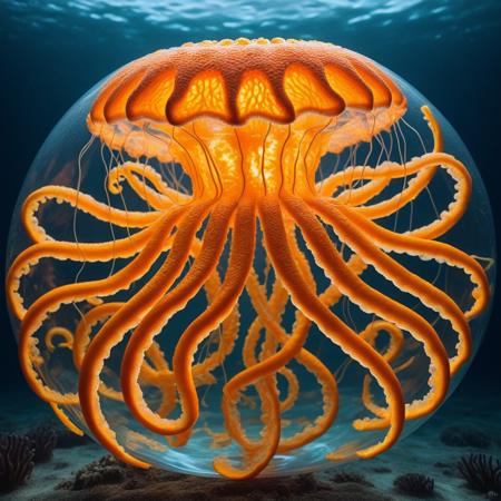 Beneath the surface of an ocean woven from translucent pools of citrus nectar, jellyfish with luminous, curling tendrils of orange rind drift gracefully, pulsing with an ethereal glow. Schools of fish-like creatures, their scales shimmering with the texture of finely textured zest, twist and glide through the surreal fluid landscape, leaving trails of vibrant citrus hues in their wake. At the depths of this bizarre world, coral reefs emerge from twisting segments of dried peel, sculpted into intricate spirals of artistic elegance, glowing softly in golden radiance. Waves roll in slow, deliberate movements, reflecting the shifting morphing realityâblurring the lines between solid and liquid as the seafloor reshapes itself, peeling back and reforming endlessly in strange and beautiful patterns.
<lora:Orange_Peel:1> orangepeel, orange (fruit)
