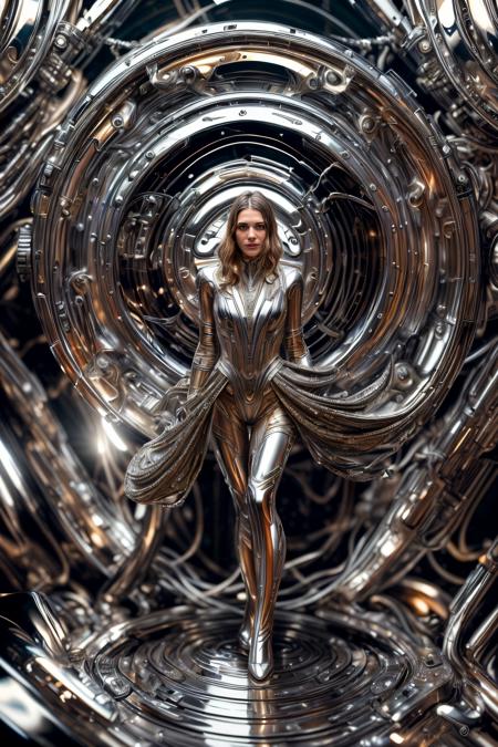 <lora:add_detail:1> <lora:ChromeTech:0.8> (masterpiece, best quality, realistic, detailed, sharp:1.2), intricate details, 1girl,  chrometech, android, scifi, sleek, ((explosive pose)), expressionism, movie still, ((liquid metal)), metallic, gleaming, metallic , metal reflection, symmetrical, clear reflection, clean metal, chrome, ballroom background
