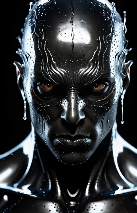 The dark creature stares at the camera,in the style of liquid metal,vray tracing,raw character,32k uhd,schlieren photography,conceptual portraiture,wet - on - wet blending