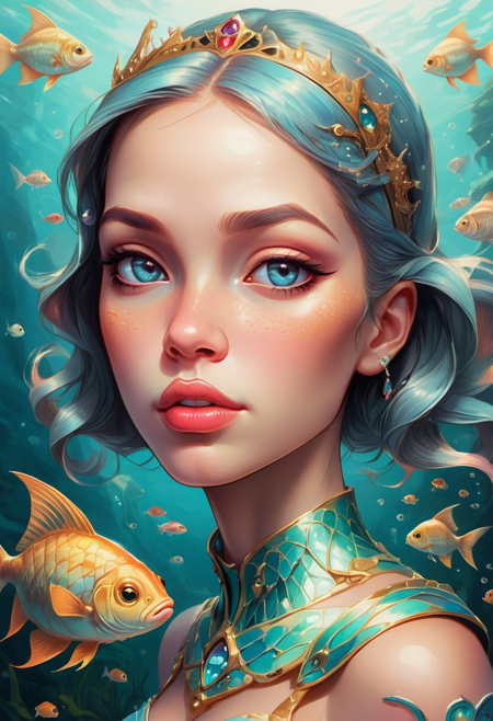 Masterpiece, high quality, stunning composition, highly rated artwork, detailed art, many details, fairytale, storybook detailed illustration, complex background. ((looking at viewer))
fish princess, face closeup, big lips, Soft sigh, buzz cut, Fine art portrait
<lora:20250419-1745075667520:0.8>,  <lora:SDXLFaeTastic2400:0.6>