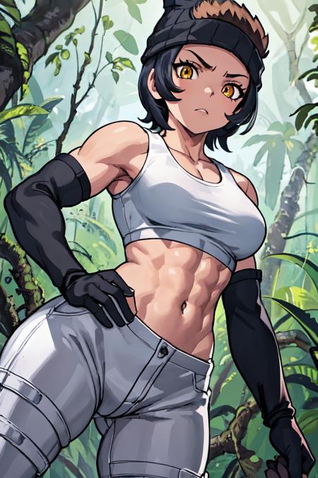 WesternLowlandGorillaManityro, short hair muscular female toned beanie, tank top, white shirt, crop top, detached sleeves, black gloves, fingerless gloves, white pants